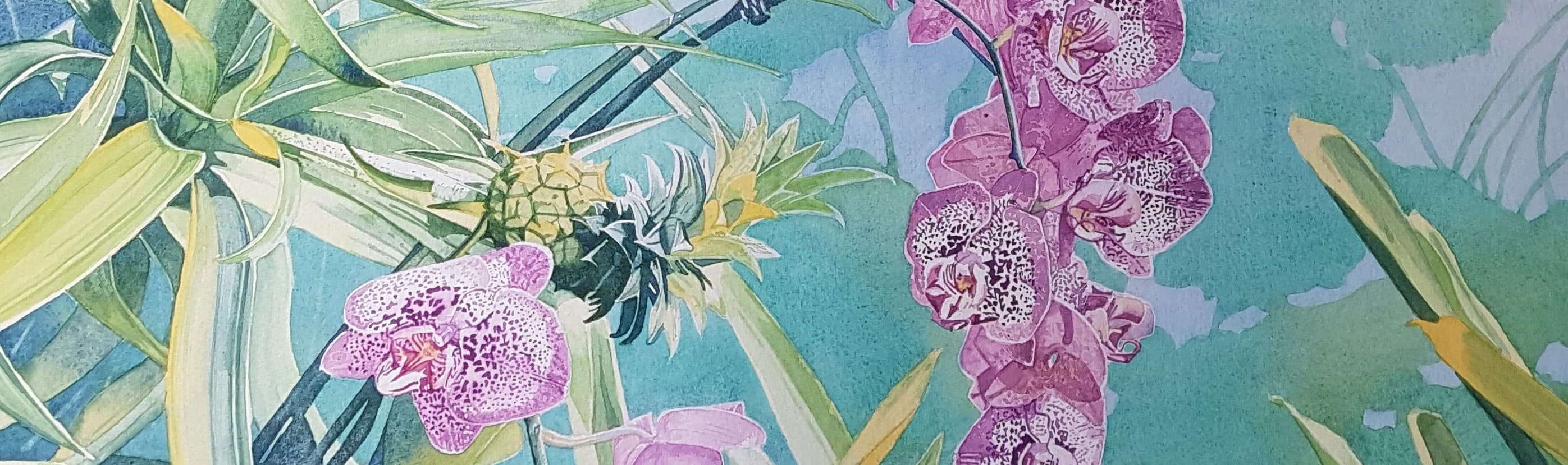 Watercolour painting of orchids and pineapples
