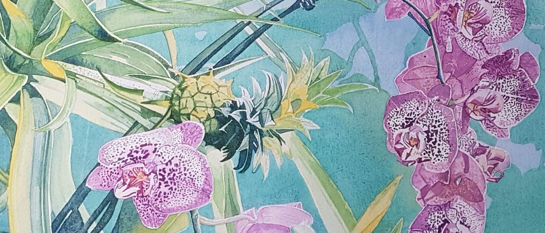 Watercolour painting of orchids and pineapples