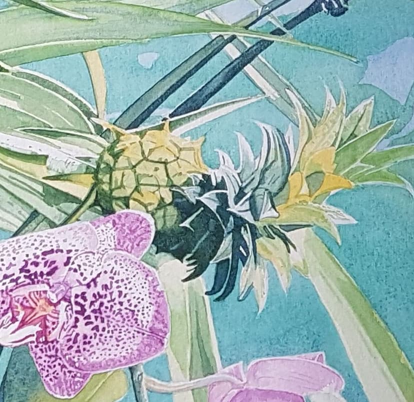 Watercolour painting of orchids and pineapples